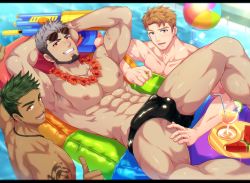 Rule 34 | 3boys, abs, afloat, aqua eyes, bara, black male swimwear, blonde hair, bulge, camp buddy, character request, day, erection, erection under clothes, eyewear on head, facial hair, flower, flower necklace, green hair, grey hair, grin, highres, jewelry, large pectorals, looking at viewer, male focus, male swimwear, mikkoukun, multiple boys, muscular, muscular male, navel, necklace, nipples, open mouth, orange eyes, outdoors, partially submerged, pectorals, penis, penis peek, pool, red eyes, short hair, shoulder tattoo, smile, sunglasses, swim briefs, tattoo, thighs, thumbs up, veins, water, water gun