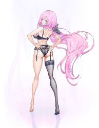Rule 34 | 1girl, absurdres, ass, back, black bow, black bra, black panties, black thighhighs, blue eyes, bow, bra, breasts, closed mouth, elf, elysia (honkai impact), full body, guratan, hair bow, hands on own hips, highres, honkai (series), honkai impact 3rd, kneepits, large breasts, lingerie, long hair, looking at viewer, looking back, panties, pink hair, pointy ears, reflective floor, single thighhigh, smile, soles, solo, standing, thighhighs, tiptoes, underwear, very long hair