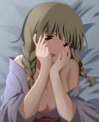 Rule 34 | 10s, 1girl, bare shoulders, bed sheet, blush, braid, breasts, brown eyes, brown hair, cleavage, hanasaku iroha, hands on own face, japanese clothes, kimono, large breasts, long hair, lying, off shoulder, on back, open mouth, oshimizu nako, pman (kazumi), solo, twin braids