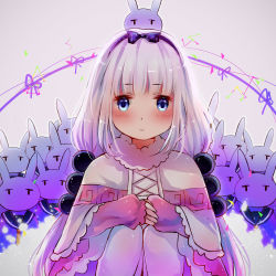 Rule 34 | 10s, 1girl, blue eyes, rabbit, capelet, gradient hair, hair bobbles, hair ornament, hairband, highres, kanna kamui, kobayashi-san chi no maidragon, light purple hair, long hair, looking at viewer, low twintails, multicolored hair, sitting, slass, slit pupils, smile, twintails