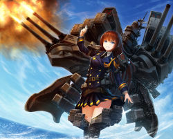 Rule 34 | 10s, 1girl, ace combat, ace combat 04, battleship, blue eyes, brown hair, cannon, commentary request, highres, kantai collection, long hair, looking at viewer, mecha musume, military, military uniform, military vehicle, necktie, ocean, original, personification, ship, sky, smile, solo, tanager (ace combat), tom-neko (zamudo akiyuki), uniform, warship, watercraft