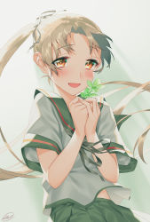 Rule 34 | 1girl, ayanami (kancolle), ayanami kai ni (kancolle), black sailor collar, black skirt, blew andwhite, blush, brown eyes, brown hair, clover, four-leaf clover, highres, holding, holding plant, kantai collection, long hair, open mouth, plant, pleated skirt, sailor collar, school uniform, serafuku, short sleeves, side ponytail, signature, skirt, smile, solo, upper body