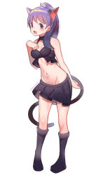 Rule 34 | 1girl, animal ears, bare arms, bare shoulders, black bra, black skirt, blush, boots, bra, breasts, cat ears, cat tail, collarbone, commentary, harukagi, long hair, looking at viewer, medium breasts, navel, open mouth, original, pleated skirt, ponytail, purple eyes, purple footwear, purple hair, simple background, skirt, solo, tail, underwear, white background