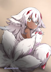Rule 34 | 1girl, animal ear fluff, animal ears, body fur, brown background, brown eyes, claws, dark-skinned female, dark skin, extra arms, faputa, highres, komakiyu1212, made in abyss, monster girl, multiple tails, open mouth, short hair, simple background, solo, tail, twitter username, white fur, white hair, yellow eyes