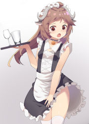 Rule 34 | 1girl, ahoge, alternate costume, animal ears, arknights, bell, black choker, black dress, brown eyes, brown hair, chinese commentary, choker, commentary request, cowboy shot, d:, dress, embarrassed, enmaided, eyjafjalla (arknights), glass, grey background, groin, hand up, highres, holding, holding tray, horns, long hair, maid, maid headdress, neck bell, no panties, open mouth, sakutaishi, sheep ears, sheep girl, sheep horns, solo, thighhighs, tray, white headdress, white thighhighs