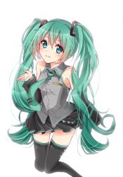 Rule 34 | 1girl, 4och, detached sleeves, green eyes, green hair, hatsune miku, long hair, matching hair/eyes, necktie, simple background, skirt, solo, thighhighs, twintails, very long hair, vocaloid, white background