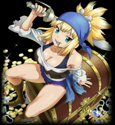 Rule 34 | 1girl, alternate costume, blonde hair, blue eyes, boots, breasts, cleavage cutout, clothing cutout, dr. stone, female focus, gold, hat, key, kohaku (dr. stone), large breasts, looking at viewer, pirate, pirate costume, pirate hat, sitting, smile, solo, sword, tank top, thick thighs, thighs, treasure chest, weapon