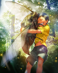 Rule 34 | 1boy, aged down, aomine daiki, blue hair, bug, cicada, dark-skinned male, dark skin, forest, giant insect, grin, highres, insect, insect wings, kuroko no basuke, male focus, nature, okada (okada zari), outdoors, oversized insect, shirt, short sleeves, shorts, smile, sunlight, t-shirt, tree, wings