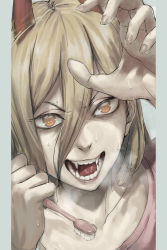 Rule 34 | + +, 1girl, blonde hair, chainsaw man, collarbone, cross-shaped pupils, crosshair pupils, demon girl, demon horns, fangs, hair between eyes, highres, holding, holding toothbrush, horns, long hair, looking at viewer, open mouth, orange eyes, power (chainsaw man), red horns, solo, sweat, symbol-shaped pupils, teeth, tianzhong zhongtian, tongue, toothbrush, upper body