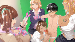 Rule 34 | 1boy, 4girls, arm grab, blonde hair, blue eyes, blush, bow, bowtie, breasts, brown hair, caressing testicles, cellphone, censored, cleavage, clenched teeth, embarrassed, eyebrows hidden by hair, fellatio, folded ponytail, from above, glasses, green eyes, gyaru x batsu game + inkya = harem!?, highres, holding, holding phone, indoors, jacket, large breasts, legs, licking, licking penis, mole, mole under eye, mole under mouth, mosaic censoring, multiple girls, navel, open mouth, oral, orange eyes, original, penis, phone, recording, school uniform, short hair, skirt, squatting, standing, tamabon (koutetsu shabondama), teeth, testicles, thighs, topless, twintails, undressing, vest