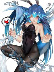 Rule 34 | 1girl, absurdres, animal ears, bao (vtuber), bare shoulders, black leotard, blue hair, blush, breasts, cleavage, fake animal ears, fins, fish tail, green eyes, groin, hair between eyes, heart, highres, indie virtual youtuber, leg up, leotard, long hair, looking at viewer, medium breasts, moonchii, open mouth, pantyhose, playboy bunny, rabbit ears, sideboob, sidelocks, simple background, smile, solo, speech bubble, strapless, strapless leotard, tail, teeth, thighs, very long hair, virtual youtuber, water, white background, wrist cuffs