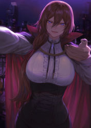 Rule 34 | 1girl, black legwear, breasts, brown hair, cape, commentary request, fangs, fangs out, hair between eyes, halloween, halloween costume, highres, large breasts, long hair, long sleeves, looking at viewer, low ponytail, mashuu (neko no oyashiro), night, night sky, oomikado aoi, open mouth, original, pants, purple eyes, shirt, sky, solo, vampire costume, white shirt