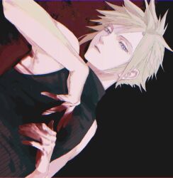 Rule 34 | 1boy, bare arms, bare shoulders, black background, blonde hair, blood, blood on clothes, blood on hands, blue eyes, cloud strife, d8j0j, final fantasy, final fantasy vii, half-closed eyes, hands on own chest, looking at viewer, lying, male focus, on back, parted bangs, short hair, sleeveless, sleeveless turtleneck, solo, spiked hair, turtleneck, upper body