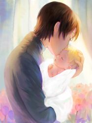Rule 34 | 2boys, absurdres, aged down, baby, baby carry, black hair, black shirt, blonde hair, boruto: naruto next generations, carrying, closed eyes, commentary, english commentary, father&#039;s day, father and son, fatherly, flower, highres, holding baby, kiss, kissing forehead, long sleeves, male focus, multiple boys, naruto (series), sai (naruto), shirt, short hair, sleeping, swaddled, xmonday mintx, yamanaka inojin