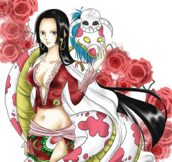 Rule 34 | 1girl, amazon lily, amazon warrior, black hair, boa hancock, breasts, cape, cleavage, earrings, female focus, flower, highres, horns, jacket, jewelry, long hair, long skirt, long sleeves, midriff, navel, one piece, pet, red flower, red jacket, red rose, rose, salome (one piece), sash, side slit, skirt, skull, snake, spotted