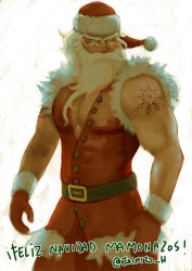 Rule 34 | 1boy, beard, belt, blue eyes, buttons, christmas, eyebrows, facial hair, glasses, hat, jaimito, long hair, male focus, manly, mittens, muscular, original, pectorals, pince-nez, santa claus, santa hat, sleeveless, solo, spanish text, tattoo, thick eyebrows, white background, white hair