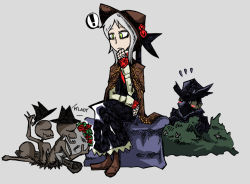 Rule 34 | !, 1girl, ^^^, bloodborne, blush stickers, bonnet, bouquet, cloak, doll joints, english text, fedora, flower, flying sweatdrops, green eyes, hand to own mouth, hat, hat tip, hunter (bloodborne), joints, long hair, looking at another, messengers (bloodborne), plain doll, rose, setz, silver hair, simple background, sitting, spoken exclamation mark