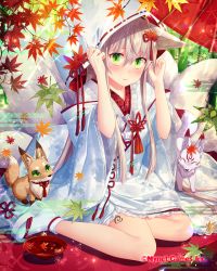 Rule 34 | 1girl, animal ears, arms up, blush, closed mouth, company name, embarrassed, falkyrie no monshou, fox ears, fox girl, green eyes, japanese clothes, kimono, looking at viewer, natsumekinoko, official art, silver hair, sitting, socks, solo, white socks
