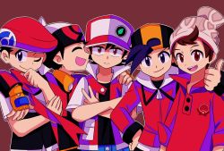 Rule 34 | 5boys, :d, ;), backwards hat, baseball cap, beanie, beret, black hair, black shirt, brendan (pokemon), brown background, brown eyes, brown hair, cable knit, closed mouth, commentary, creatures (company), crossed arms, english commentary, ethan (pokemon), fingerless gloves, game freak, gloves, grey headwear, hand on another&#039;s shoulder, hand on own hip, happy, hat, highres, jacket, long sleeves, looking at viewer, lucas (pokemon), male focus, multiple boys, nintendo, one eye closed, open mouth, poke ball print, pokemon, pokemon dppt, pokemon hgss, pokemon rgby, pokemon rse, pokemon swsh, print headwear, red (pokemon), red headwear, red jacket, red scarf, red shirt, scarf, shirt, short hair, short sleeves, simple background, sleeveless, sleeveless jacket, smile, stardust epic, straight-on, t-shirt, teeth, thumbs up, upper body, upper teeth only, victor (pokemon), white headwear, yellow gloves