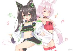Rule 34 | 2girls, ahoge, animal ear fluff, animal ears, arm up, bikini, bikini top only, black hair, black skirt, breasts, bridal garter, camisole, cat ears, chigusa hana, chigusa hana channel, choker, green eyes, hair ornament, hairclip, hand on own chest, hand on own hip, headphones, highres, jacket, long hair, low twintails, miniskirt, multiple girls, navel, no pants, off shoulder, open clothes, open jacket, open mouth, outstretched arm, pink eyes, pink hair, rabbit ears, red camisole, simple background, skirt, small breasts, smile, striped clothes, striped legwear, striped thighhighs, swimsuit, thighhighs, thighs, tomari mari, tomari mari channel, trait connection, twintails, virtual youtuber, white background, white jacket