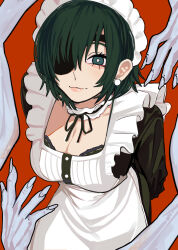 Rule 34 | 1girl, absurdres, apron, arms behind back, black hair, breasts, chainsaw man, choker, cleavage, disembodied hand, earrings, eyepatch, frilled apron, frilled choker, frills, ghost devil (chainsaw man), highres, himeno (chainsaw man), jewelry, light smile, looking at viewer, maid apron, maid headdress, medium breasts, pearl earrings, red background, sailen0, short hair, simple background, smile, white apron