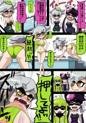 Rule 34 | + +, 3girls, :d, anger vein, ass, bent over, bikini, black hair, blue eyes, blush, breasts, callie (splatoon), cleavage, clenched hand, comic, commentary request, detached collar, dress, earrings, fangs, gloves, green bikini, green hair, green legwear, grey hair, hair rings, highres, inkling, inkling girl, inkling player character, jewelry, large breasts, long hair, marie (splatoon), mole, mole under eye, multiple girls, navel, nintendo, open mouth, pantyhose, pointy ears, purple legwear, short hair, simple background, smile, splatoon (series), splatoon 1, squidbeak splatoon, strapless, strapless dress, swimsuit, tentacle hair, translation request, underboob, unitard, usa (dai9c carnival), water, white gloves