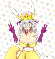 Rule 34 | 1girl, absurdres, breasts, digimon, double v, female focus, glasses, green eyes, highres, large breasts, looking at viewer, personification, renamon, solo, super crown, v