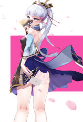 Rule 34 | 1girl, absurdres, armor, ayaka (genshin impact), blue eyes, blue skirt, blunt bangs, breastplate, breasts, bridal gauntlets, clothes lift, commentary, covering privates, covering crotch, detached sleeves, english commentary, from behind, genshin impact, gong cha, hair ornament, hair ribbon, hand fan, highres, holding, kneepits, lipstick mark, long hair, looking at viewer, looking back, mole, mole under eye, no panties, petals, pink background, ponytail, red ribbon, ribbon, sidelocks, silver hair, simple background, skirt, skirt lift, small breasts, solo, standing, white background, wind, wind lift