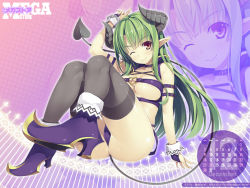 Rule 34 | 1girl, 2012, ;), arm strap, ass, bare shoulders, black thighhighs, breasts, calendar, choker, cleavage, comic megastore, december, demon girl, demon horns, demon tail, fingerless gloves, gloves, green hair, high heels, horns, large breasts, long hair, megastore, one eye closed, orange eyes, pointy ears, shoes, sitting, smile, solo, tail, thighhighs, thong, wallpaper, wink, yuuki hagure, zoom layer