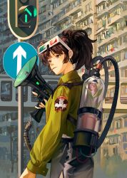 Rule 34 | 1girl, 3d glasses, absurdres, alraune, an-an lee, apartment, backpack, bag, bell jar, black bag, black eyes, black hair, black skirt, building, city, day, eyewear on head, fang, flower, from side, green jacket, hand up, highres, holding, holding megaphone, hose, jacket, lily (flower), looking to the side, medium hair, megaphone, monster girl, mouth hold, outdoors, plant, plant girl, ponytail, potted plant, reverse:1999, road sign, side slit, sign, skirt, solo, stalk in mouth, traffic light, turning head, upper body, xia yushi