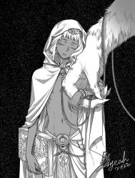 Rule 34 | 1boy, androgynous, book, bracelet, circlet, cloak, coin (ornament), cowboy shot, dark-skinned male, dark skin, dated, demon, detached collar, dungeon meshi, elf, facing viewer, fingernails, greyscale, groin, head tilt, highres, holding, holding another&#039;s arm, holding book, hood, hood up, hooded cloak, jewelry, leash, male focus, monochrome, monster, nuzzle, o-ring, out of frame, pointy ears, prisoner, ribs, sarong, sharp fingernails, sidelocks, signature, simple background, size difference, skinny, solo focus, spoilers, thistle (dungeon meshi), topless male, warlock1000, winged lion (dungeon meshi)