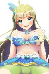 Rule 34 | 1girl, ahoge, aqua eyes, armlet, bare arms, bare shoulders, belt, blue bra, blue skirt, blunt bangs, blush, bra, breasts, cameltoe, chest jewel, collar, commentary request, cowboy shot, detached collar, eyelashes, feather hair ornament, feathers, gem, green gemstone, green hair, green shorts, hair ornament, high collar, highres, idol, idolmaster, idolmaster million live!, large breasts, long hair, looking at viewer, lower teeth only, mining helmet, navel, open mouth, shimabara elena, short shorts, shorts, shorts under skirt, simple background, sitting, skirt, smile, solo, star-shaped gem, star (symbol), star hair ornament, stomach, stomach jewel, strapless, strapless bra, teeth, underwear, wavy hair, white background, white belt, white collar, witoi (roa)