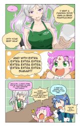 Rule 34 | 3koma, apron, blue hair, breasts, coffee, comic, fae (fire emblem), fire emblem, fire emblem: the binding blade, fire emblem awakening, fire emblem heroes, green eyes, grima (fire emblem), highres, iced latte with breast milk (meme), lucina (fire emblem), meme, naked apron, nintendo, open mouth, purple eyes, purple hair, robin (female) (fire emblem), robin (fire emblem), sideboob, smile, twintails, white hair