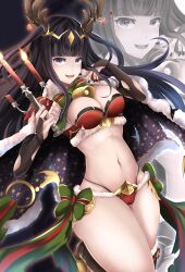 Rule 34 | 1girl, absurdres, antlers, bell, bikini, black hair, blunt bangs, bow, bowtie, breasts, bridal gauntlets, candle, cape, christmas, circlet, cleavage, commentary request, fake antlers, fire, fire emblem, fire emblem awakening, fire emblem heroes, fur-trimmed bikini, fur-trimmed cape, fur trim, green bow, green bowtie, hair ornament, highres, holding, holding candle, horns, large breasts, long hair, looking at viewer, navel, neck bell, nenemu0, nintendo, official alternate costume, open mouth, purple eyes, red bikini, reindeer antlers, smile, solo, stomach, swimsuit, teeth, tharja (fire emblem), tharja (winter) (fire emblem), thighs, torn cape, torn clothes, upper teeth only, very long hair
