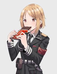 Rule 34 | 1girl, absurdres, armband, belt, belt pouch, black coat, black necktie, blonde hair, brown eyes, candy, chocolate, chocolate bar, coat, collared shirt, commentary, eating, food, gar32, girls&#039; frontline, grey background, highres, holding, holding chocolate, holding food, long sleeves, medium hair, military, military uniform, mp40 (girls&#039; frontline), nazi, necktie, pouch, red armband, shirt, signature, simple background, solo, uniform, upper body, white background