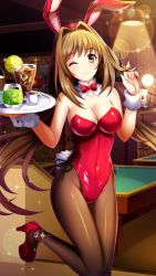 Rule 34 | 1girl, ;), animal ears, black ribbon, bow, bowtie, breasts, brown eyes, brown hair, cleavage, collarbone, detached collar, doukyuusei another world, fake animal ears, floating hair, game cg, hair intakes, hairband, high heels, holding, holding plate, indoors, kakyuusei 2, lens flare, leotard, long hair, looking at viewer, medium breasts, official art, one eye closed, pantyhose, plate, playboy bunny, rabbit ears, rabbit tail, red bow, red bowtie, red footwear, red hairband, red leotard, ribbon, saimon tamaki, shiny clothes, shiny legwear, smile, solo, standing, strapless, strapless leotard, tail, twintails, very long hair, wrist cuffs