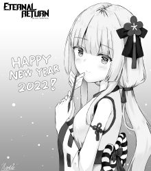 Rule 34 | 1girl, 2022, absurdres, arrow (projectile), black survival, blush, breasts, detached sleeves, eternal return: black survival, greyscale, hakama, happy new year, highres, japanese clothes, kimono, long hair, looking at viewer, looking to the side, medium breasts, miko, minami rio, monochrome, natie, new year, obi, official alternate costume, rio (black survival), rope, sash, shimenawa, solo, upper body, white hair