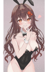 Rule 34 | 1girl, alternate costume, animal ears, arm behind back, bare arms, bare shoulders, black bow, black bowtie, black hairband, black pantyhose, blush, bow, bowtie, breasts, brown hair, cleavage, collar, collarbone, covered navel, cowboy shot, detached collar, fake animal ears, flower, flower-shaped pupils, genshin impact, grin, groin, hair flower, hair ornament, hairband, hand up, highleg, highleg leotard, highres, higuma29, hu tao (genshin impact), leotard, long hair, looking at viewer, medium breasts, pantyhose, playboy bunny, plum blossoms, rabbit ears, red eyes, red flower, smile, solo, strapless, strapless leotard, symbol-shaped pupils, thighs, twintails, v, wavy hair, white collar