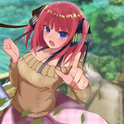 Rule 34 | 1girl, black ribbon, blue eyes, blunt bangs, blush, breasts, brown sweater, butterfly hair ornament, checkered clothes, checkered skirt, cleavage, collarbone, forest, go-toubun no hanayome, hair ornament, highres, index finger raised, large breasts, looking at viewer, nakano nino, nature, off-shoulder sweater, off shoulder, open mouth, outdoors, picnic basket, pink hair, pink skirt, pointing, pointing at viewer, ribbon, sakura mo chiy, skirt, sweater, twintails, v-shaped eyebrows