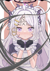 Rule 34 | 1girl, absurdres, ahoge, alternate costume, apron, black gloves, blue archive, blush, closed mouth, commentary request, demon girl, demon horns, enmaided, expeddddd, forehead, gloves, hair ornament, hairclip, halo, hands up, highres, hina (blue archive), horns, looking at viewer, maid, maid apron, maid headdress, parted bangs, purple eyes, short hair, short sleeves, sidelocks, solo, tic-tac-toe, white hair
