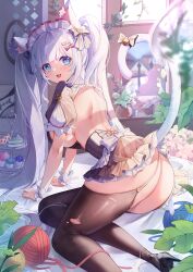 Rule 34 | 1girl, animal ear fluff, animal ears, apron, ass, bell, black footwear, blue eyes, bow, breasts, brown thighhighs, cake, cake slice, cat ears, cat girl, cat tail, cupcake, fish hair ornament, flower, food, frills, from behind, hair bow, hair ornament, highres, indoors, laevan, large breasts, leaf, long hair, looking at viewer, maid, maid apron, maid headdress, original, plant, potted plant, sideboob, solo, tail, tail bell, tail bow, tail ornament, tail raised, thighhighs, torn clothes, torn thighhighs, twintails, vase, white bow, white hair, window, yarn, yarn ball, yellow bow