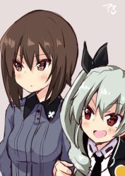 Rule 34 | 10s, 2girls, amano kouki, anchovy (girls und panzer), anzio school uniform, arm grab, artist name, black cape, black ribbon, blush, brown eyes, brown hair, cape, commentary, dress shirt, drill hair, emblem, girls und panzer, green hair, grey background, grey shirt, hair ribbon, highres, kuromorimine school uniform, long hair, long sleeves, looking at another, looking away, multiple girls, nishizumi maho, one-hour drawing challenge, open mouth, red eyes, ribbon, school uniform, shirt, short hair, signature, simple background, smirk, standing, twin drills, twintails, upper body, white shirt