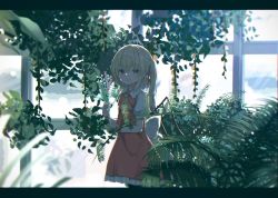 Rule 34 | 1girl, ascot, blonde hair, blurry, blurry foreground, commentary, day, expressionless, fern, flandre scarlet, flower, greenhouse, hair between eyes, highres, holding, holding flower, indoors, iyo (ya na kanji), lavender (flower), letterboxed, looking at viewer, no headwear, one side up, parted lips, petticoat, plant, potted plant, puffy short sleeves, puffy sleeves, red eyes, red skirt, red vest, shirt, short hair, short sleeves, skirt, solo, standing, symbol-only commentary, touhou, vest, white shirt, wide shot, window, yellow ascot