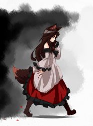 Rule 34 | 1girl, absurdres, animal ears, bare shoulders, blood, boots, brooch, brown hair, dress, finger to mouth, fingernails, highres, imaizumi kagerou, jewelry, long fingernails, long hair, looking away, nail polish, red eyes, ryouryou, solo, tail, touhou, walking, wolf ears, wolf tail