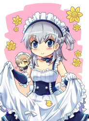 Rule 34 | 2girls, aged down, ahoge, apron, azur lane, belfast (azur lane), bird, blonde hair, blue eyes, bow, colonel aki, commentary request, flower, gloves, hair between eyes, hair over one eye, looking at viewer, maid, maid apron, maid headdress, multiple girls, pink background, sheffield (azur lane), side ponytail, silver hair, skirt hold, sleeveless, smile, thumbs up, yellow eyes