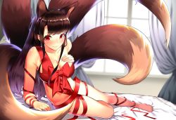 Rule 34 | 1girl, akagi (azur lane), animal ears, azur lane, bad id, bad pixiv id, barefoot, blush, breasts, brown hair, cleavage, curtains, ddoalo, fox ears, fox tail, groin, highres, indoors, long hair, looking at viewer, medium breasts, naked ribbon, on bed, red eyes, ribbon, sitting, smile, solo, tail, valentine, very long hair, window