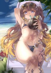 Rule 34 | 1girl, absurdres, anya melfissa, beach, beach chair, bendy straw, bikini, black bikini, blonde hair, breasts, brown hair, coconut, drink, drinking straw, gradient hair, highres, hololive, hololive indonesia, long hair, lying, multicolored hair, ocean, on back, pparus, sand, skindentation, small breasts, solo, streaked hair, swimsuit, tree, two side up, virtual youtuber