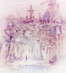 Rule 34 | 1girl, alphabet (alphabetnoon), bad id, bad pixiv id, castle, fantasy, forest, graphite (medium), highres, long hair, nature, original, pointy ears, pond, scenery, solo, standing, traditional media, wide shot
