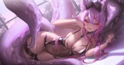 Rule 34 | 1girl, animal ears, black collar, black leotard, borrowed character, breasts, cleavage, collar, commentary, covered navel, hair between eyes, highres, large breasts, leotard, long hair, looking at viewer, lying, metatarou, on side, open mouth, original, purple eyes, purple hair, see-through, solo, tentacles, thigh strap