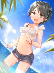 Rule 34 | 1girl, absurdres, bikini, black eyes, black hair, black shorts, blue sky, cloud, commentary request, day, dutch angle, highres, kantai collection, looking at viewer, mismatched bikini, mogami (kancolle), ocean, open mouth, outdoors, short hair, shorts, sky, soaking feet, solo, standing, suzushiro (gripen39), swimsuit, wading